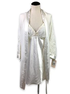 Vintage Peignoir Cinema Etoile 2pc Satin Wedding Chemise White Floral Set Size M - Picture 1 of 10