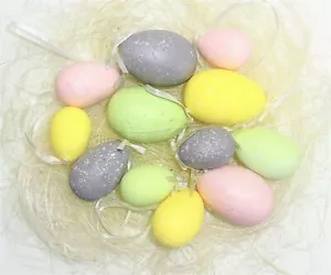 12 Ostereier Kunststoff Hängen grau gelb grün rosa modern Ostern - Bild 1 von 1
