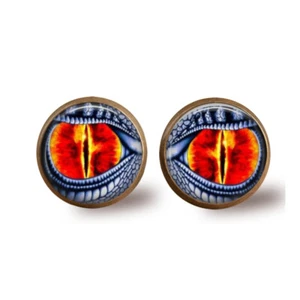 Red Dragon Eyes Glass Top Stud Earrings Handcrafted Gift 12mm Bronze Setting - Picture 1 of 2