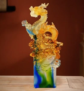 Real Liu Li Crystal Chinese Dragon Stamp Statue Home Office Decor Collections - Picture 1 of 4