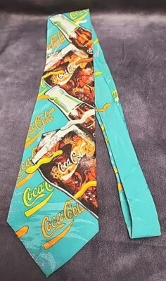 Vintage Teal BLue 100% Silk NeckTie Coca-Cola Bottles Summer Novelty Drink Fun Foto 1 de 4