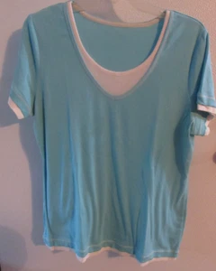 Made For Life Large Women T Shirt Top Short Sleeve Round Neck Blue Solid Whit Tr - Picture 1 of 3