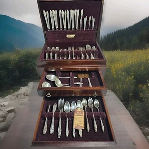 Oneida Community Evening Star Silverplate-Flatware 166 pc 1950 w/Solid Mahogany - Picture 1 of 22