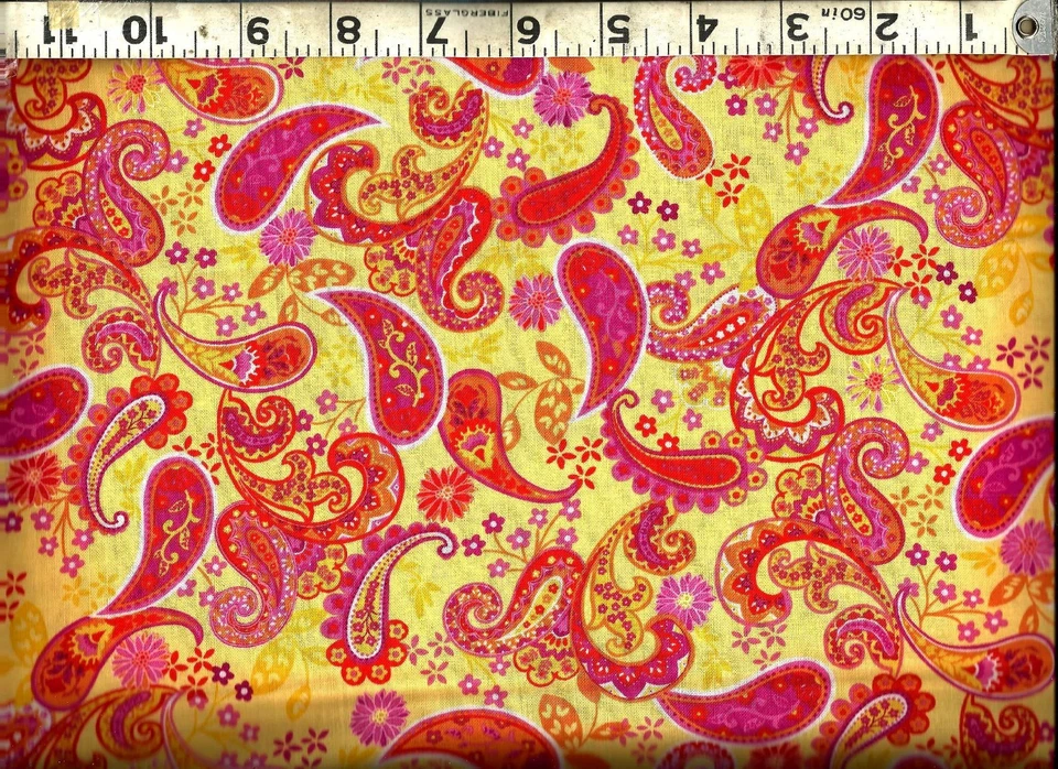 Quilting Treasures ~ Orange Pink Paisley on Yellow  100% Cotton Quilt Fabric BTY - Image 1 of 1