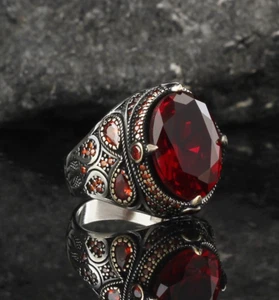 Lab Created Red Ruby Gemstone With 925 Sterling Silver for Men's Handmade Ring - Picture 1 of 5