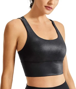 Women'S Medium Impact Wirefree Padded Strappy Longline Sports Bras Faux Leather- - Picture 1 of 12
