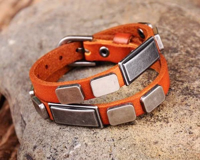 NG396 Orange Cute Tag Studded Double Wrap Genuine Leather Wristband Bracelet - Image 1 of 4