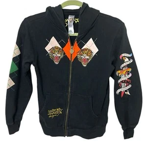 ED HARDY Kids hoodie black zip up embroidered spell out tiger graphic USMC LOGO - Picture 1 of 14