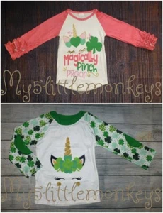 NEW Boutique St Patricks Day Unicorn Girls Ruffle Sleeve Shirt - Picture 1 of 4