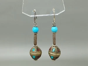 Orecchini pendenti vintage bronzo argento gancio fatti a mano pietra corallo turchese etnico - Foto 1 di 18