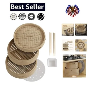 10-Inch 2-Tier Bamboo Steamer Set with Chopsticks & Liners - Healthy Cooking ... - Picture 1 of 11