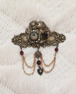 Vintage Victorian Revival Brass Tone Cherub Love Pin Brooch W Gold Tone Chain - Picture 1 of 6