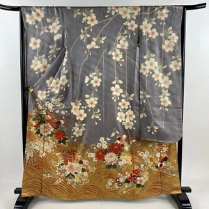 Woman Japanese Kimono Furisode Silk Flower Raft Gold Foil Grayish Purple 165cm - Picture 1 of 6