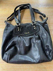 Vintage COACH Carly Black Leather Medium Hobo Shoulder Handbag Tote Purse Brass - Picture 1 of 6