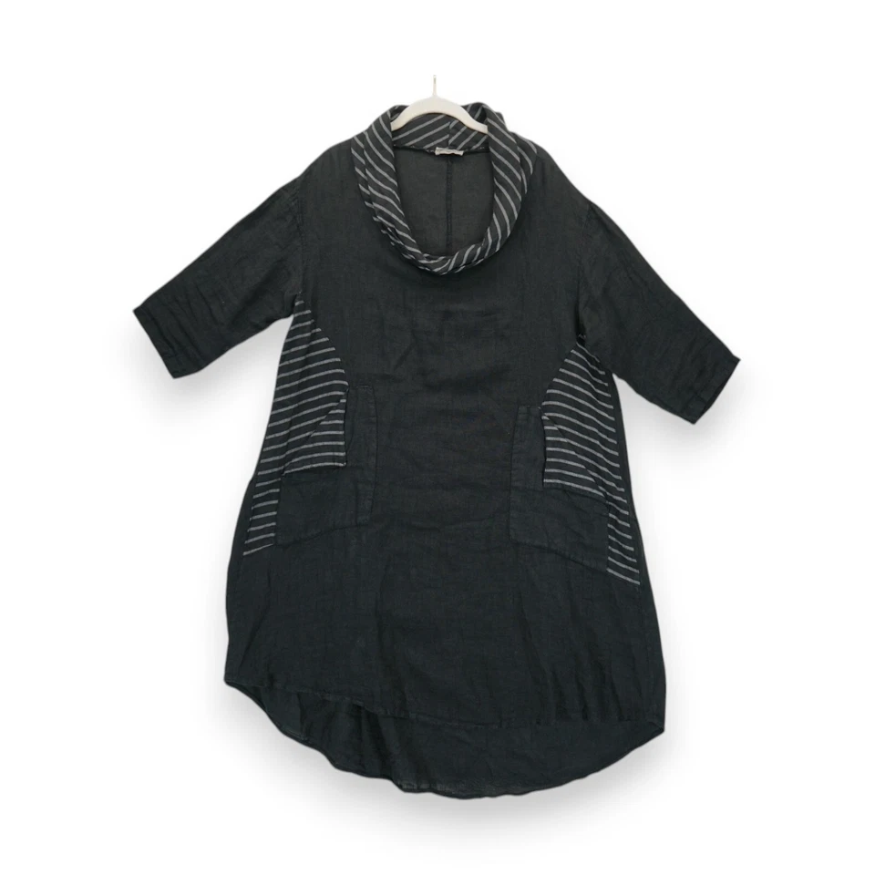 Vestido Italiano 100% Lino Negro Media Manga Rayas Bolsillos/Cuello, Pecho: 46" Foto 1 de 4