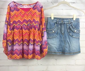 Justice Outfit Set - Boho Flowing Loose Poncho Top + Jean Skirt Skort Sz 10 - Picture 1 of 12