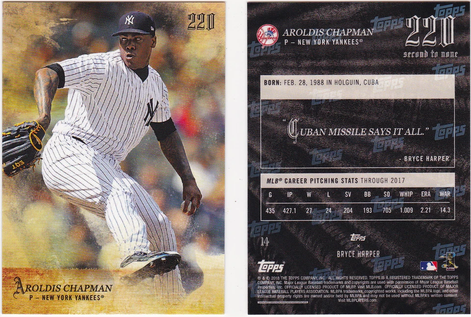 Aroldis Chapman New York Yankees 2018 Topps 220 Harper second to none 14 5196 - Image 1 of 1