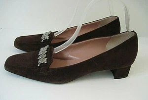 FRATELLI ROSSETTI Women's Brown Suede Heels Smoked Chrome Design Buckle Size 37 - Picture 1 of 6