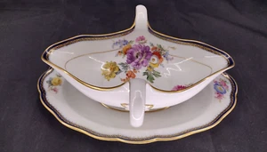 Antique Meissen Porcelain Gravy Boat Bowl Cobalt Rim Dresden Flowers - Picture 1 of 10