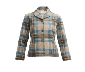 NWT Frances Valentine FInley Wool Blazer Jacket Womens Large Blue Tan Plaid NEW - Picture 1 of 12