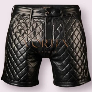 Pantalones Cortos de Cuero Negros para Hombre Pantalones Cortos de Cuero de Cordero Genuino Estilo Acolchado - Imagen 1 de 4