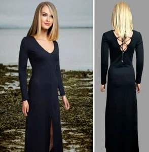 FRENCH CONNECTION DRESS SIZE 8 BLACK JERSEY MAXI LONG SLEEVE SLIT LACED BACK#6 - Picture 1 of 9