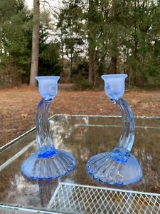 Cambridge Caprice Alpine Blue Pair Crescent Moon Candlesticks 7" Depression DECO - Picture 1 of 23