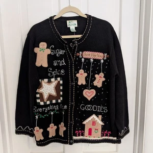 VTG Quacker Factory Gingerbread Holiday Cardigan Sweater MEDIUM Embroidery Party - Picture 1 of 10