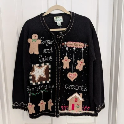 VTG Quacker Factory Gingerbread Holiday Cardigan Sweater MEDIUM Embroidery Party - Image 1 of 4