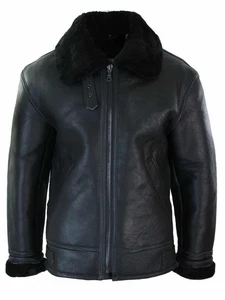Men's Black Leather Jacket with Faux Fur Collar, Full-Zip Winter Coat - Picture 1 of 3