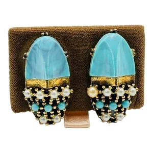 Vintage goldfarben Faux Türkis Krappen Set Saatperlen Clip Back Ohrringe - Bild 1 von 12