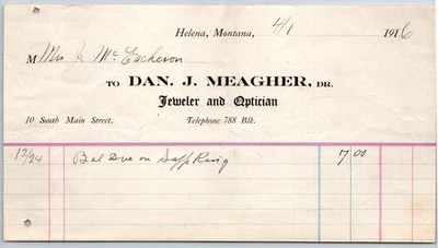 Dan J. Meagher "Joyero y Óptico" 1916 Helena, MT Billhead Foto 1 de 2