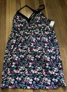 Plus 26/28 Lane Bryant Cacique Cotton Chemise Sleep Gown Navy Lace Purple Floral - Picture 1 of 7
