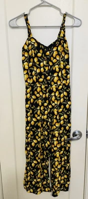 Loft Wide Leg Lemon Print Jumpsuit Black and Yellow Smocked Back Petite Small - Image 1 of 4