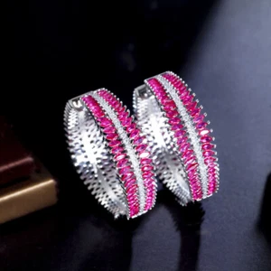 Versilberte CZ Fuchsia Rot Große Grobe Runde Zweiseitige Creolen für Frauen - Bild 1 von 8