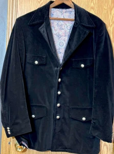Abrigo Traje de Terciopelo Negro Vintage para Hombre XL Bittons Oro Cachemira Revestimiento Discoteca Años 70 - Imagen 1 de 12