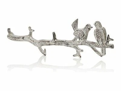 2 x Farmhouse Rustic Distressed White Cast Iron Birds on Branch  Hook Rack 18" - Image 1 of 3