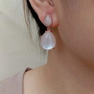 15x18mm Pink Crystal Mother Of Pearl Shell Cubic Zirconia Pave Stud Earrings - Picture 1 of 6