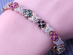 Vtg Sterling Silver GP Lab Created Gemstone Diamond Accent Tennis Bracelet 7" - Picture 1 of 5