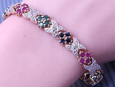 Vtg Sterling Silver GP Lab Created Gemstone Diamond Accent Tennis Bracelet 7" - Image 1 of 4