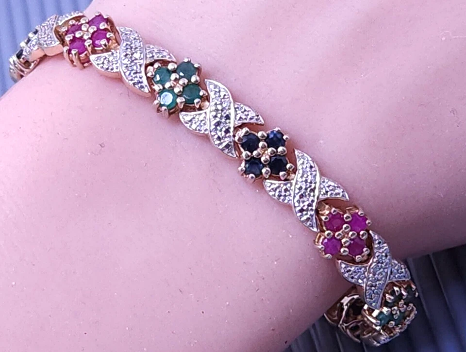 Vtg Sterling Silver GP Lab Created Gemstone Diamond Accent Tennis Bracelet 7" - Image 1 of 4