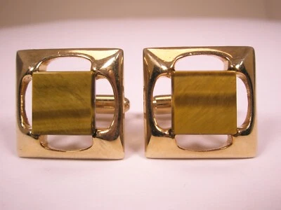 Genuine Tiger's Eye Quality Gold Tone Squares Vintage Cuff Links simple plain - Image 1 of 4