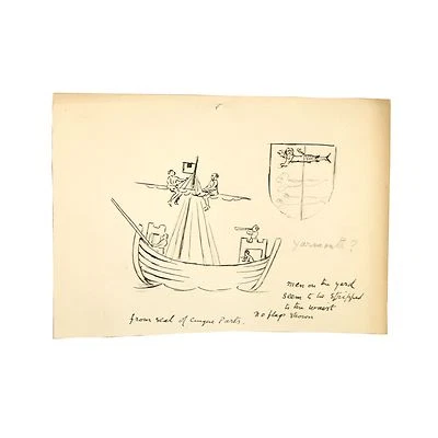 Old Original Antique Drawing Cinque Ports Seal Yarmouth Sailors Sailing Vessel - Image 1 of 3