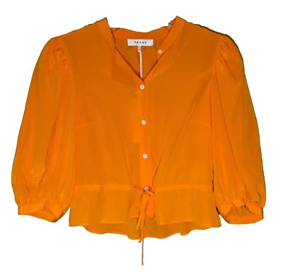 Montura 100% Seda Top Mujer S Naranja Volantes Dobladillo Corbata Cintura Puff Silencioso Lujo Foto 1 de 4