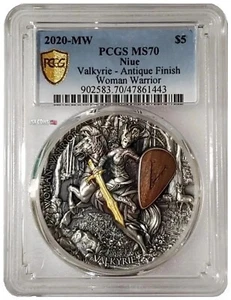 2020 2 Oz Silver $5 Woman Warrior VALKYRIE PCGS MS70 Gold Shield Small Slab Coin - Picture 1 of 9