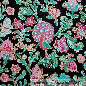BonEful Fabric FQ Cotton Quilt Black Pink Gold Peacock Butterfly Bohemian Flower - Picture 1 of 9