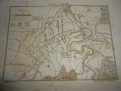 1836 STEEL ENGRAVING PLAN BATTLE OF FRIEDLAND PRAVDINSK RUSSIA NAPOLEONIC WAR - Image 1 of 2