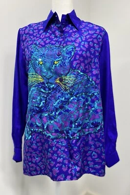 Camisa De Colección Años 90 Diane Gilman Lentejuelas Seda Leopardo Azul Púrpura Estampado Animal Talla S Foto 1 de 4