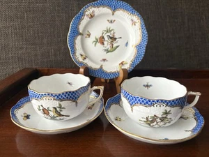 Herend Rothschild Bird Blue Border RO-EB Tea Cup & Saucer Set +Plate - Picture 1 of 12
