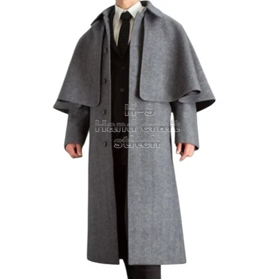 Inverness Cape Men Gray Wool Victorian Historical Cloak Sherlock Holmes Coat - Image 1 of 4